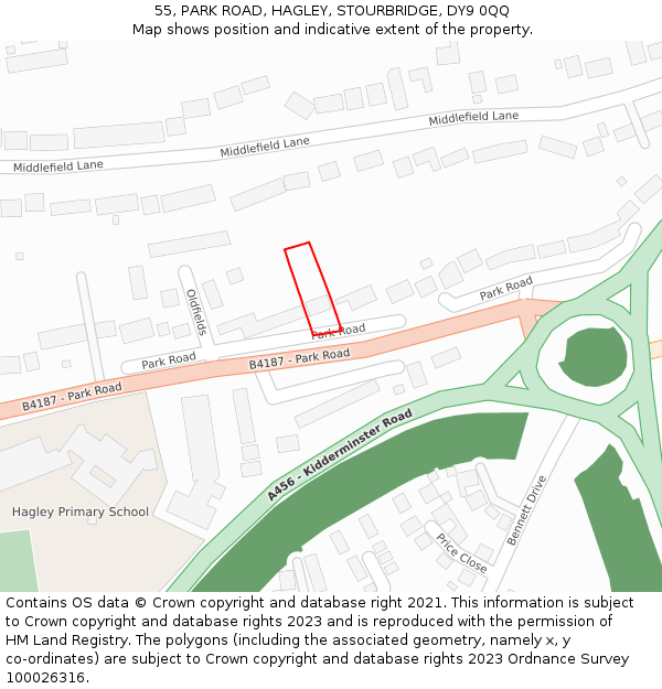 55, PARK ROAD, HAGLEY, STOURBRIDGE, DY9 0QQ: Location map and indicative extent of plot