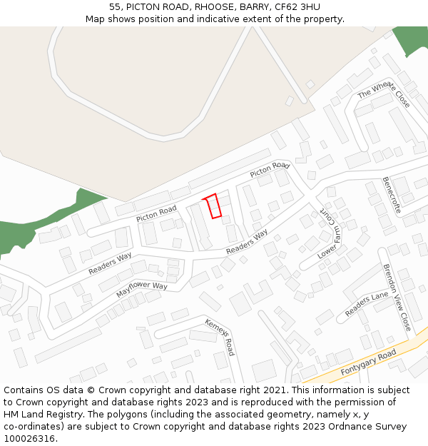 55, PICTON ROAD, RHOOSE, BARRY, CF62 3HU: Location map and indicative extent of plot