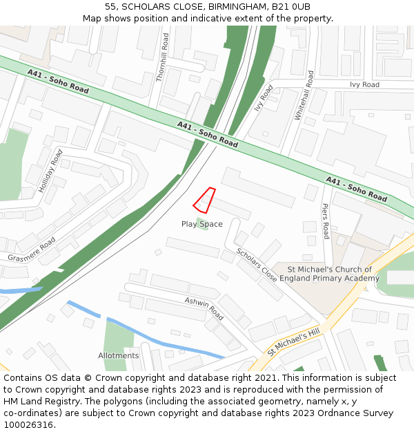 55, SCHOLARS CLOSE, BIRMINGHAM, B21 0UB: Location map and indicative extent of plot