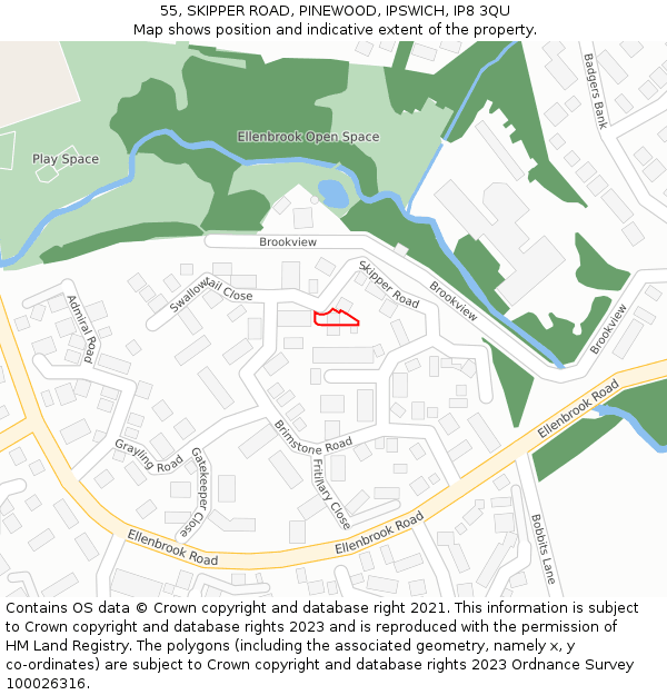 55, SKIPPER ROAD, PINEWOOD, IPSWICH, IP8 3QU: Location map and indicative extent of plot