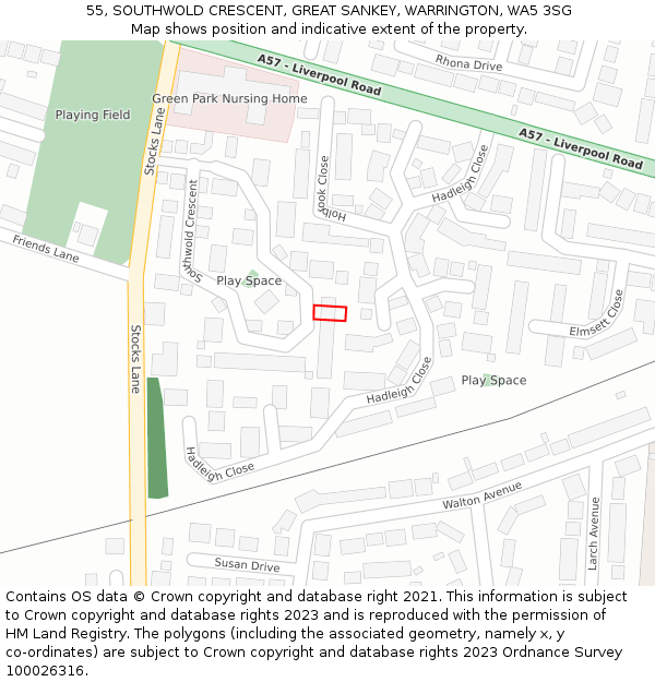 55, SOUTHWOLD CRESCENT, GREAT SANKEY, WARRINGTON, WA5 3SG: Location map and indicative extent of plot