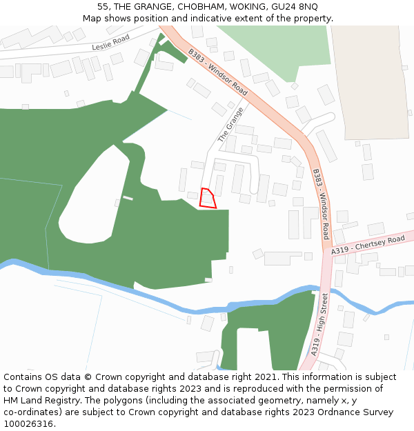 55, THE GRANGE, CHOBHAM, WOKING, GU24 8NQ: Location map and indicative extent of plot