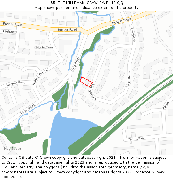 55, THE MILLBANK, CRAWLEY, RH11 0JQ: Location map and indicative extent of plot