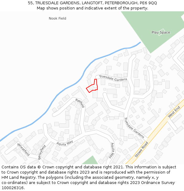 55, TRUESDALE GARDENS, LANGTOFT, PETERBOROUGH, PE6 9QQ: Location map and indicative extent of plot