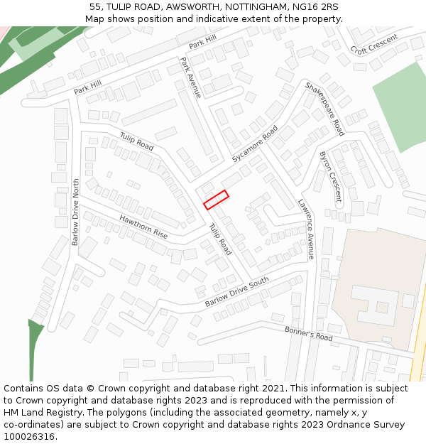 55, TULIP ROAD, AWSWORTH, NOTTINGHAM, NG16 2RS: Location map and indicative extent of plot