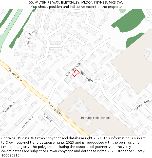 55, WILTSHIRE WAY, BLETCHLEY, MILTON KEYNES, MK3 7WL: Location map and indicative extent of plot