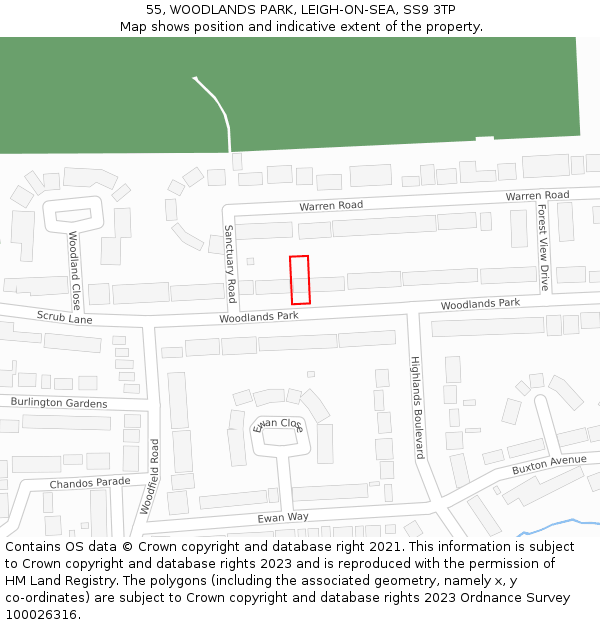 55, WOODLANDS PARK, LEIGH-ON-SEA, SS9 3TP: Location map and indicative extent of plot