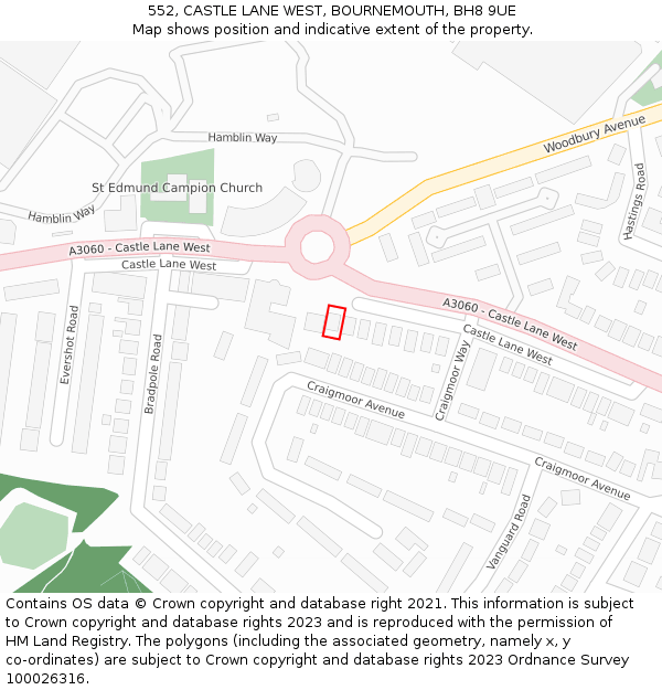 552, CASTLE LANE WEST, BOURNEMOUTH, BH8 9UE: Location map and indicative extent of plot