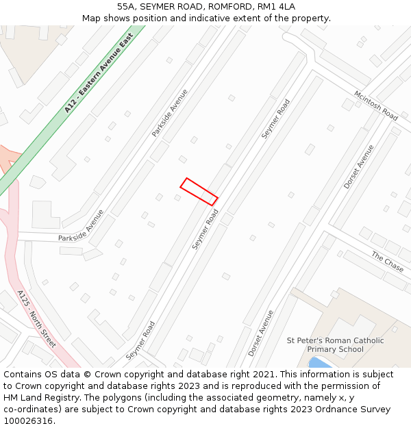 55A, SEYMER ROAD, ROMFORD, RM1 4LA: Location map and indicative extent of plot