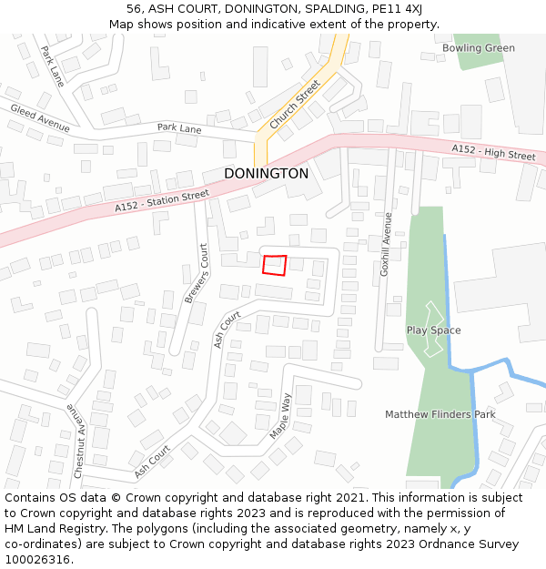 56, ASH COURT, DONINGTON, SPALDING, PE11 4XJ: Location map and indicative extent of plot