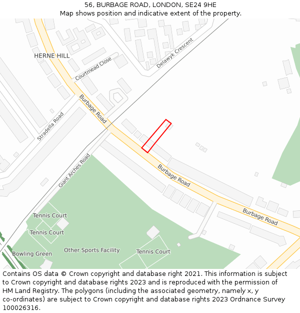 56, BURBAGE ROAD, LONDON, SE24 9HE: Location map and indicative extent of plot