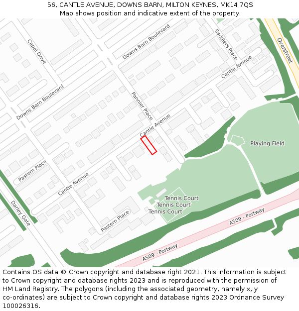 56, CANTLE AVENUE, DOWNS BARN, MILTON KEYNES, MK14 7QS: Location map and indicative extent of plot