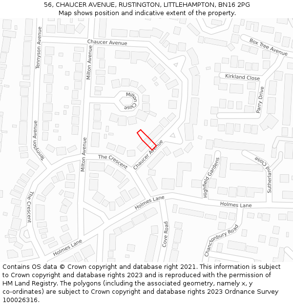 56, CHAUCER AVENUE, RUSTINGTON, LITTLEHAMPTON, BN16 2PG: Location map and indicative extent of plot