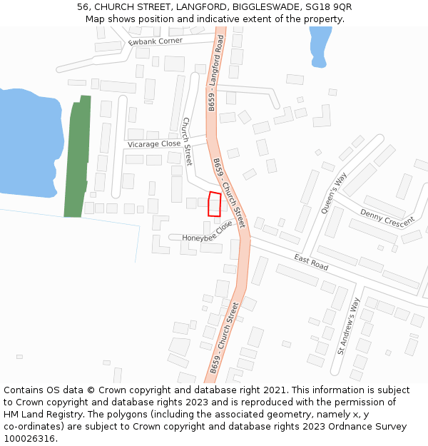 56, CHURCH STREET, LANGFORD, BIGGLESWADE, SG18 9QR: Location map and indicative extent of plot