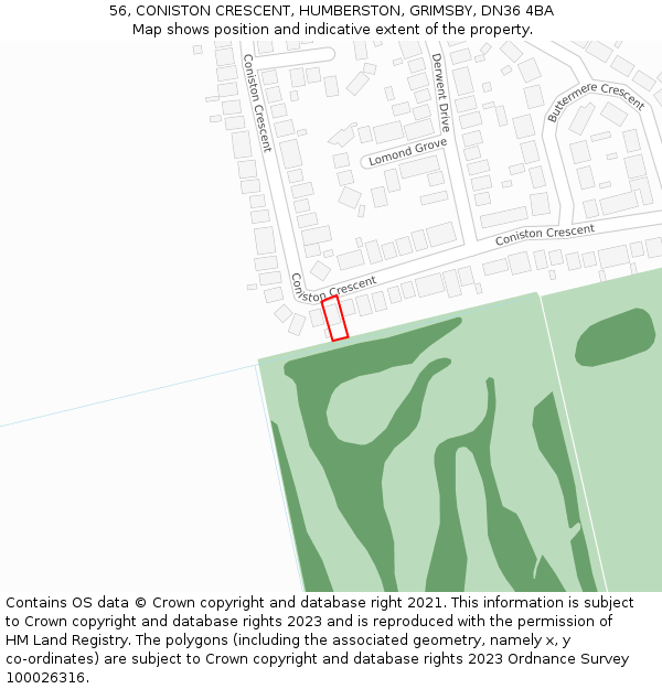 56, CONISTON CRESCENT, HUMBERSTON, GRIMSBY, DN36 4BA: Location map and indicative extent of plot