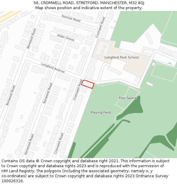 56, CROMWELL ROAD, STRETFORD, MANCHESTER, M32 8QJ: Location map and indicative extent of plot