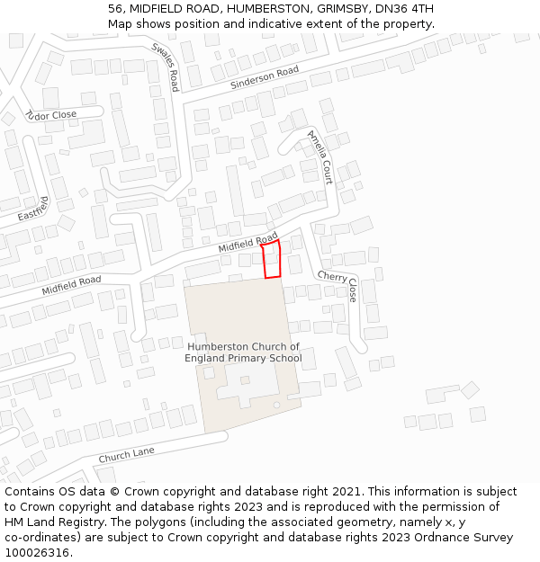 56, MIDFIELD ROAD, HUMBERSTON, GRIMSBY, DN36 4TH: Location map and indicative extent of plot