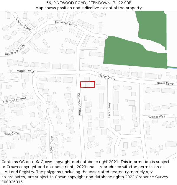 56, PINEWOOD ROAD, FERNDOWN, BH22 9RR: Location map and indicative extent of plot