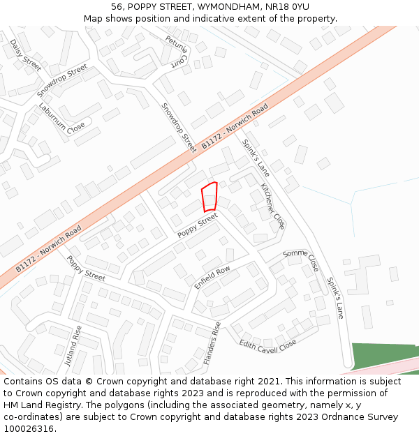 56, POPPY STREET, WYMONDHAM, NR18 0YU: Location map and indicative extent of plot