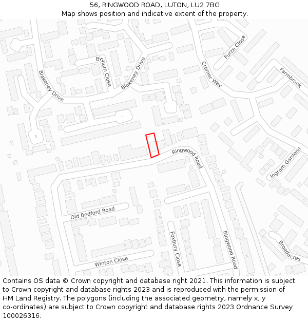 56, RINGWOOD ROAD, LUTON, LU2 7BG: Location map and indicative extent of plot