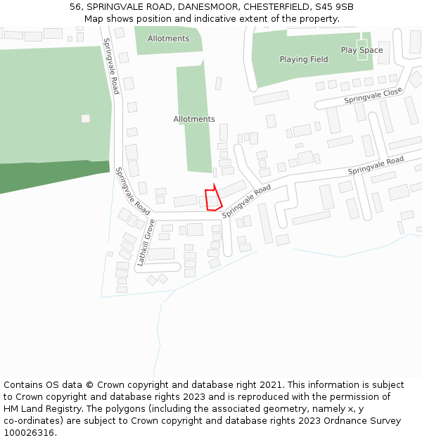 56, SPRINGVALE ROAD, DANESMOOR, CHESTERFIELD, S45 9SB: Location map and indicative extent of plot