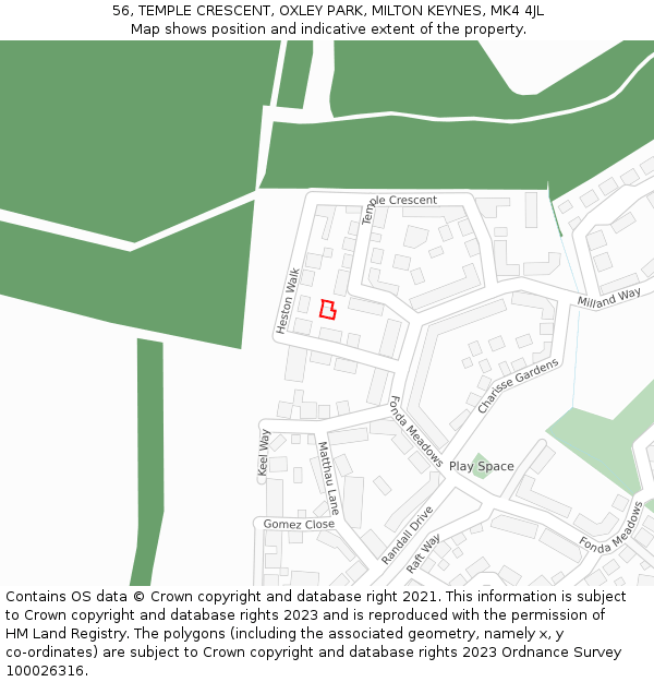 56, TEMPLE CRESCENT, OXLEY PARK, MILTON KEYNES, MK4 4JL: Location map and indicative extent of plot