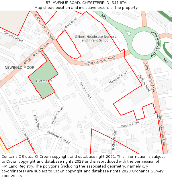 57, AVENUE ROAD, CHESTERFIELD, S41 8TA: Location map and indicative extent of plot