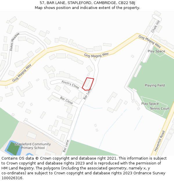 57, BAR LANE, STAPLEFORD, CAMBRIDGE, CB22 5BJ: Location map and indicative extent of plot