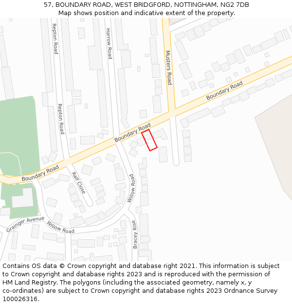 57, BOUNDARY ROAD, WEST BRIDGFORD, NOTTINGHAM, NG2 7DB: Location map and indicative extent of plot