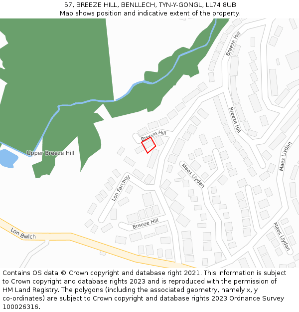 57, BREEZE HILL, BENLLECH, TYN-Y-GONGL, LL74 8UB: Location map and indicative extent of plot