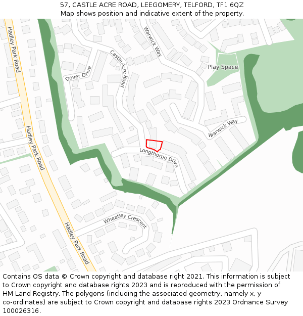 57, CASTLE ACRE ROAD, LEEGOMERY, TELFORD, TF1 6QZ: Location map and indicative extent of plot