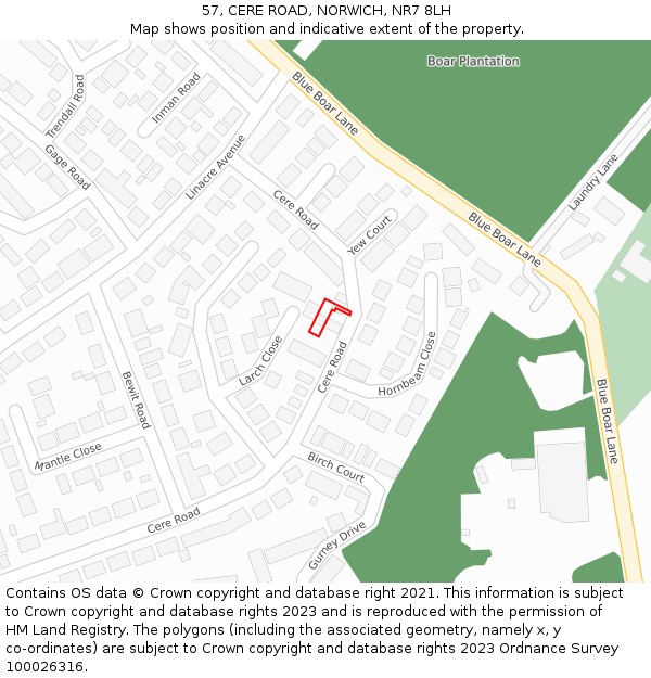 57, CERE ROAD, NORWICH, NR7 8LH: Location map and indicative extent of plot