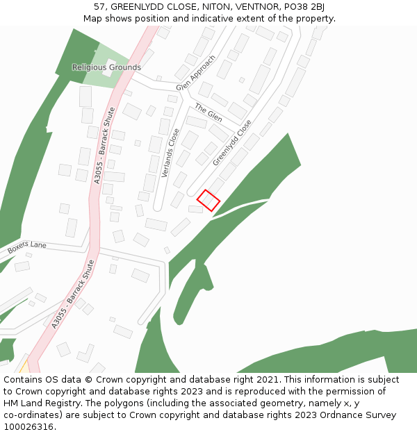 57, GREENLYDD CLOSE, NITON, VENTNOR, PO38 2BJ: Location map and indicative extent of plot