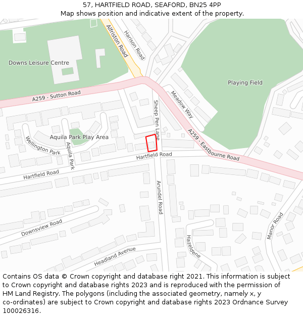 57, HARTFIELD ROAD, SEAFORD, BN25 4PP: Location map and indicative extent of plot