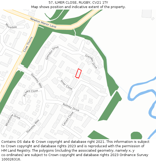 57, ILMER CLOSE, RUGBY, CV21 1TY: Location map and indicative extent of plot