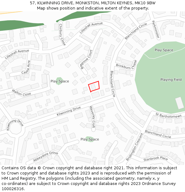 57, KILWINNING DRIVE, MONKSTON, MILTON KEYNES, MK10 9BW: Location map and indicative extent of plot