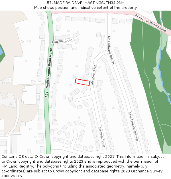 57, MADEIRA DRIVE, HASTINGS, TN34 2NH: Location map and indicative extent of plot