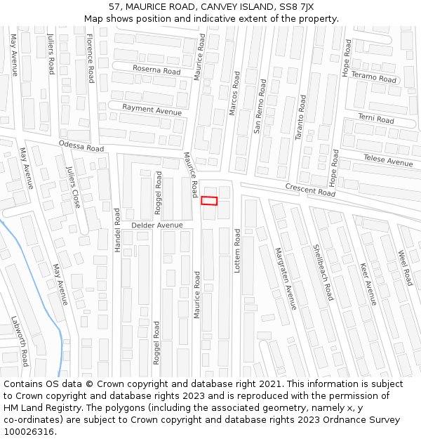 57, MAURICE ROAD, CANVEY ISLAND, SS8 7JX: Location map and indicative extent of plot