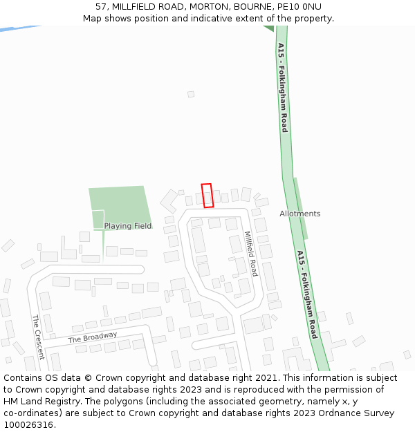 57, MILLFIELD ROAD, MORTON, BOURNE, PE10 0NU: Location map and indicative extent of plot