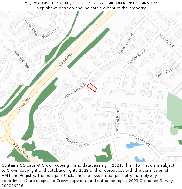 57, PAXTON CRESCENT, SHENLEY LODGE, MILTON KEYNES, MK5 7PX: Location map and indicative extent of plot