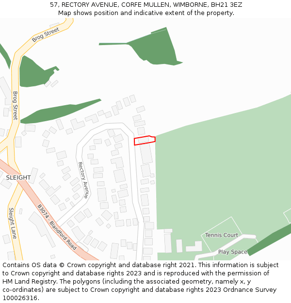 57, RECTORY AVENUE, CORFE MULLEN, WIMBORNE, BH21 3EZ: Location map and indicative extent of plot