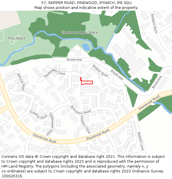 57, SKIPPER ROAD, PINEWOOD, IPSWICH, IP8 3QU: Location map and indicative extent of plot