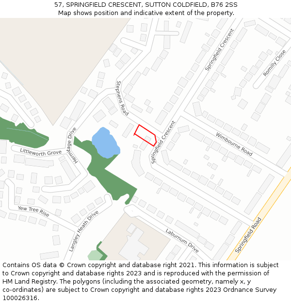 57, SPRINGFIELD CRESCENT, SUTTON COLDFIELD, B76 2SS: Location map and indicative extent of plot