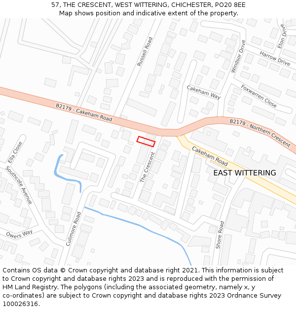 57, THE CRESCENT, WEST WITTERING, CHICHESTER, PO20 8EE: Location map and indicative extent of plot