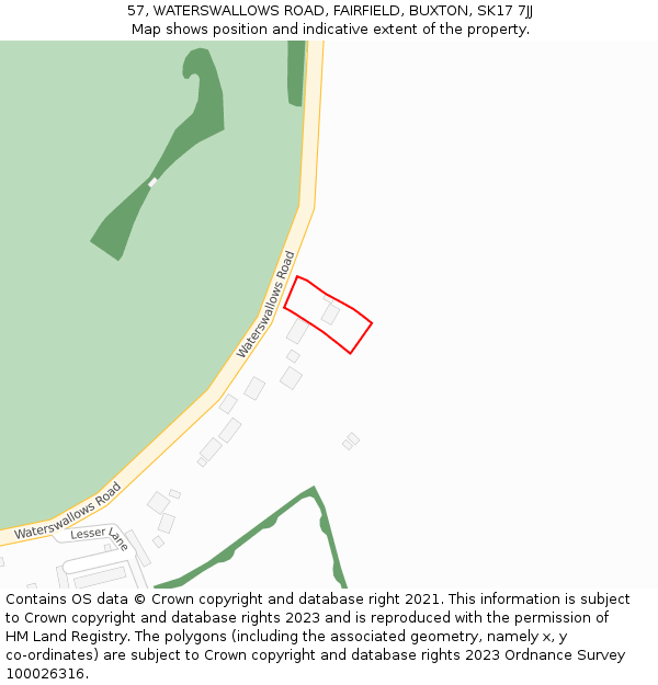 57, WATERSWALLOWS ROAD, FAIRFIELD, BUXTON, SK17 7JJ: Location map and indicative extent of plot