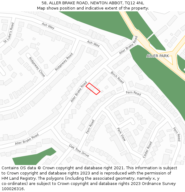 58, ALLER BRAKE ROAD, NEWTON ABBOT, TQ12 4NL: Location map and indicative extent of plot