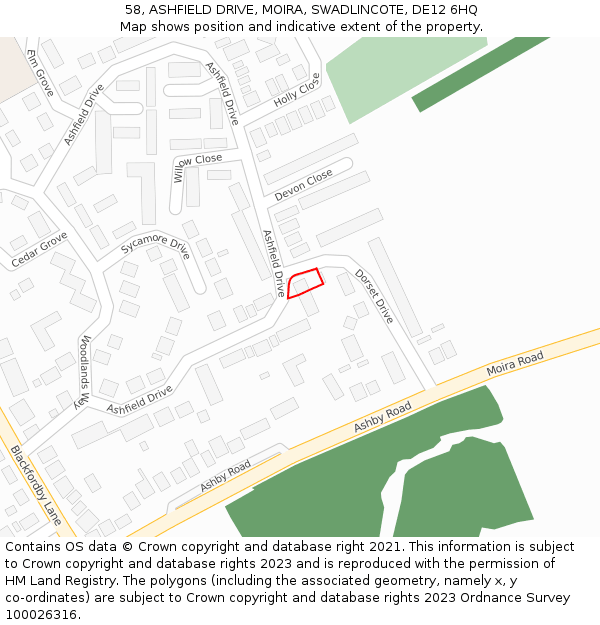 58, ASHFIELD DRIVE, MOIRA, SWADLINCOTE, DE12 6HQ: Location map and indicative extent of plot