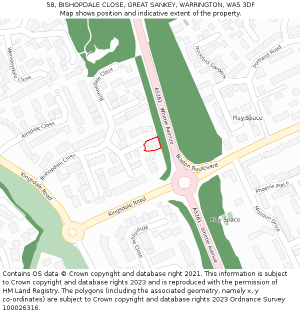 58, BISHOPDALE CLOSE, GREAT SANKEY, WARRINGTON, WA5 3DF: Location map and indicative extent of plot