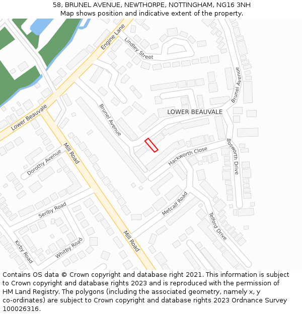 58, BRUNEL AVENUE, NEWTHORPE, NOTTINGHAM, NG16 3NH: Location map and indicative extent of plot