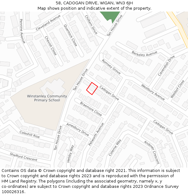 58, CADOGAN DRIVE, WIGAN, WN3 6JH: Location map and indicative extent of plot